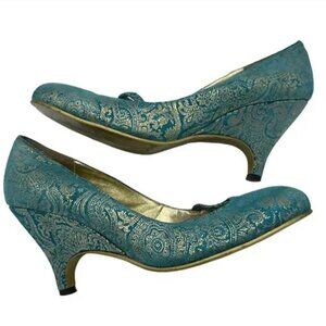 Irregular Choice bright teal gold double toe Mary Jane heels Size 10.5